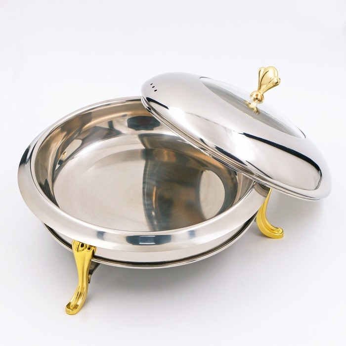 Мармит из нержавеющей стали круглый на подставке для подогрева, 26&times;22 см, стеклянная крышка