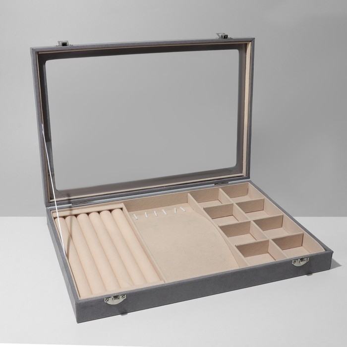 Подставка для украшений &laquo;Шкатулка&raquo; 5 рядов, 6 крючков, 8 ячеек, флок, 35&times;24,5&times;5, цвет серо-бежевый