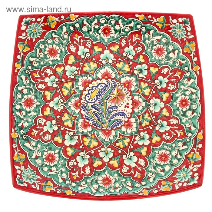 Ляган Риштанская Керамика Ляган Риштанская Керамика "Узоры", 33 см, квадратный, красный