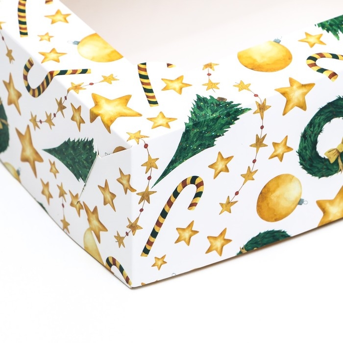 Новый год. Коробка складная, кондитерская упаковка с окном Новый год. Коробка складная, кондитерская упаковка с окном "Звезды и трости", 25 х 15 х 7 см