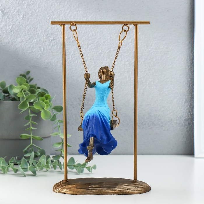 Сувенир полистоун "Девушка в небесно-голубом платье на качелях" бронза 16х11х26 см