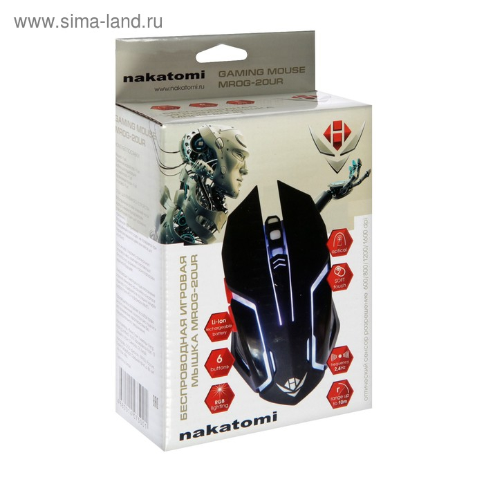 Мышь Nakatomi MROG-20UR Gaming, игровая, беспроводная, аккумуляторная, USB, чёрная