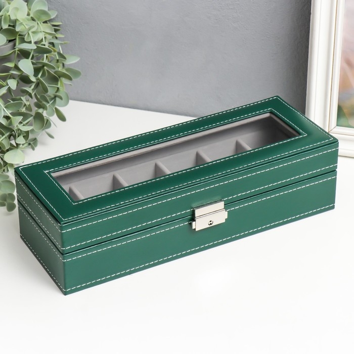 Шкатулка кожзам под часы 6 отделений Шкатулка кожзам под часы 6 отделений "Зелёная с белой строчкой" 8х30х11 см