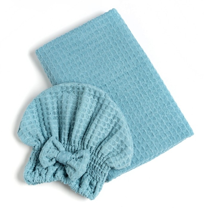 Набор для бани и ванной Этель «Вафля» полотенце 70*140 см+чалма 21*25 см, цв.синий Набор для бани и ванной Этель «Вафля» полотенце 70*140 см+чалма 21*25 см, цв.синий