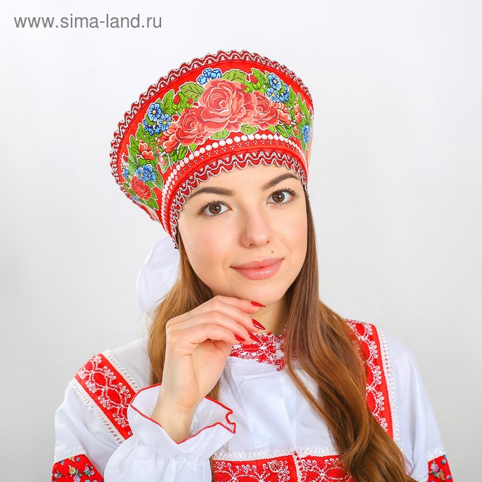 Кокошник «Красные и синие цветы», на красном Кокошник «Красные и синие цветы», на красном