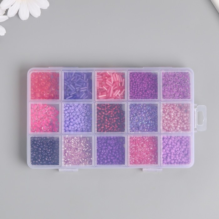 Бисер стекло 6/0, 8/0, 12/0 в шкатулке "Фиолетовый" стеклярус 15,5х9,5х1,6 см
