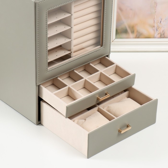 Шкатулка кожзам для украшений "Архивариус с двумя ящичками" серая 20х15,5х28 см