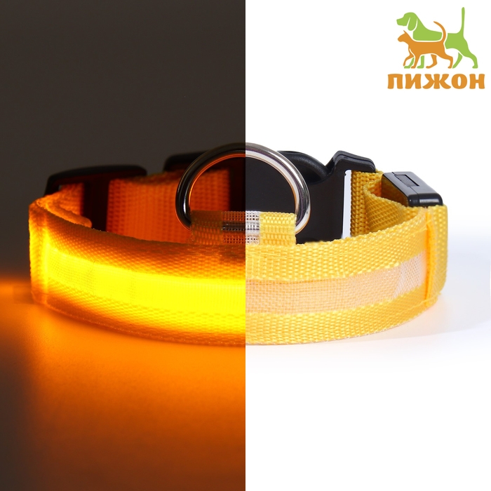 Ошейник с подсветкой размер S, ОШ 35-43 х 2,5 см, 3 режима свечения жёлтый Ошейник с подсветкой размер S, ОШ 35-43 х 2,5 см, 3 режима свечения жёлтый