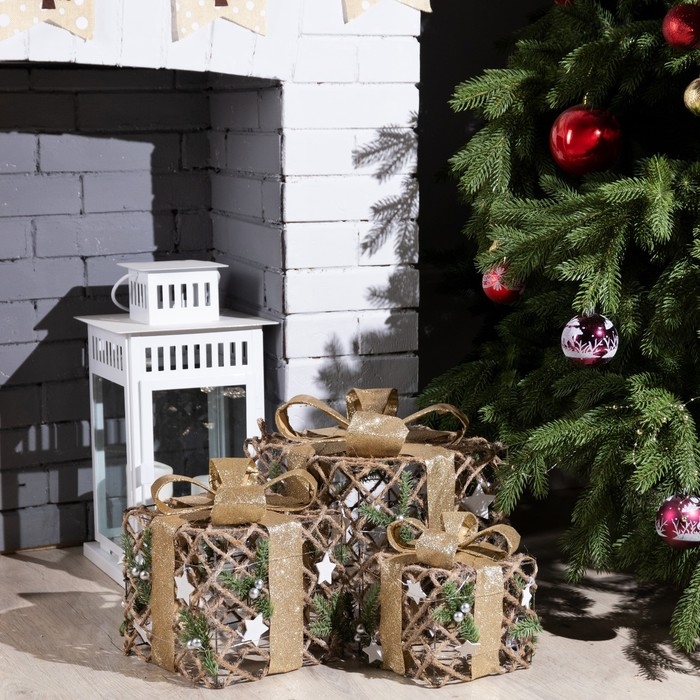 Светодиодная фигура &laquo;Подарки серые&raquo; 15, 20, 25 см, текстиль, металл, батарейки ААх2 (не в комплекте), свечение тёплое белое