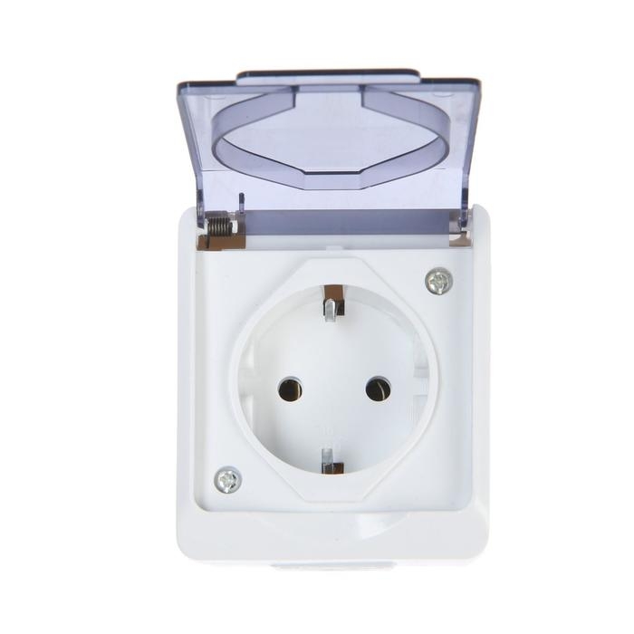Розетка одноместная, 16 А, накладная, с з/к, IP 44, уличная, белая Розетка одноместная, 16 А, накладная, с з/к, IP 44, уличная, белая