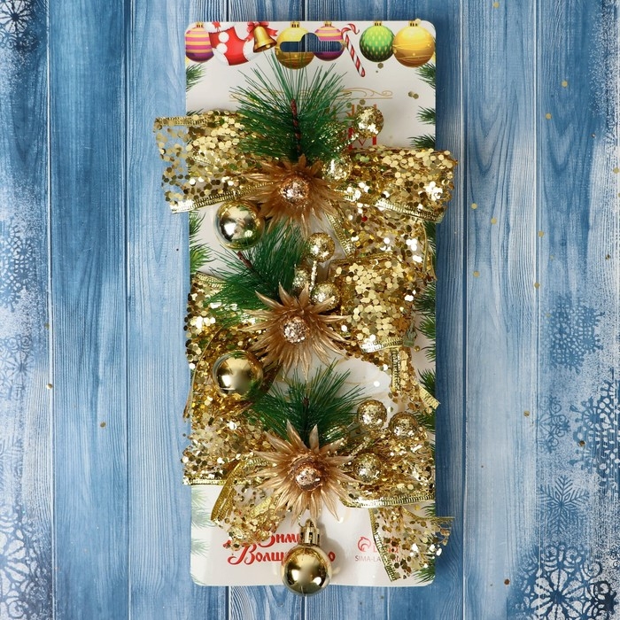 Украшение ёлочное "Еловая композиция" (набор 3 шт) бант блеск цветок, 11х7 см, золото