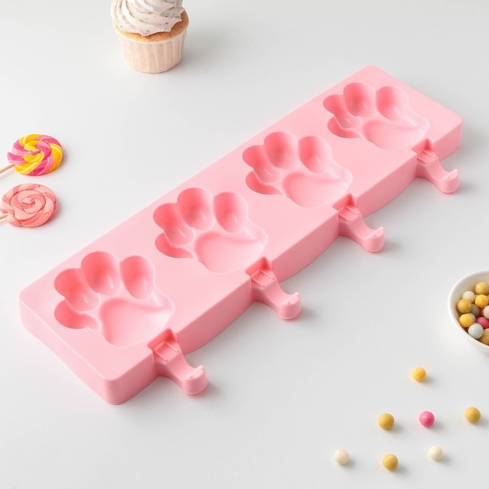 Форма для мороженого «Лапки», силикон, 26×14 см, 4 ячейки (8,5×8,5 см), цвет МИКС Форма для мороженого «Лапки», силикон, 26×14 см, 4 ячейки (8,5×8,5 см), цвет МИКС