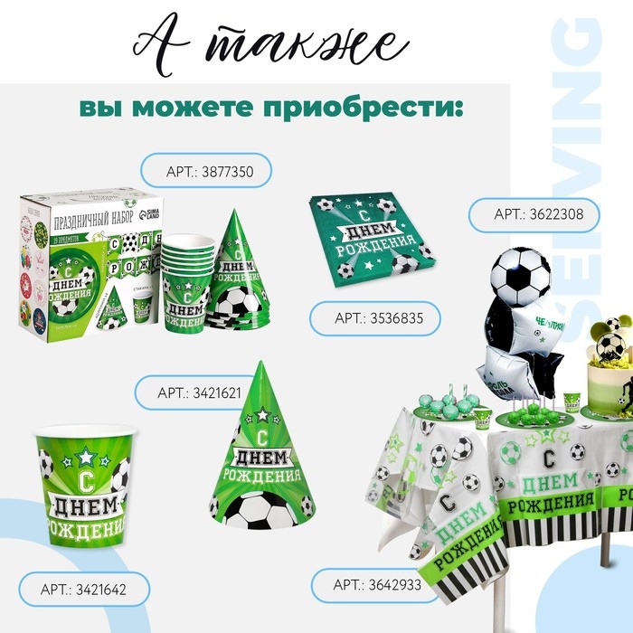 Набор бумажной посуды одноразовый С днём рождения. Футбол&raquo;, 6 тарелок, 6 стаканов, 6 колпаков, 1 гирлянда
