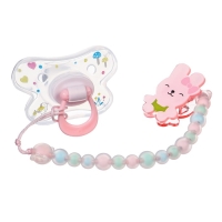 Соска - пустышка силиконовая ортодонтическая, от 12 мес., с колпачком + держатель «Зайка», цвет розовый Соска - пустышка силиконовая ортодонтическая, от 12 мес., с колпачком + держатель «Зайка», цвет розовый