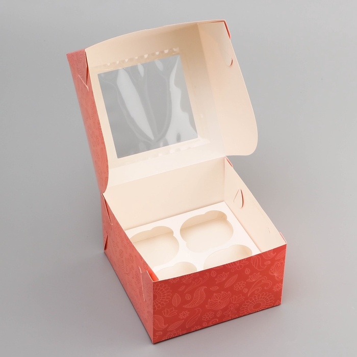 Коробка под 4 капкейка с окном , Коробка под 4 капкейка с окном , "С Праздником 8 марта", 16 х 16 х 10 см, кондитерская упаковка