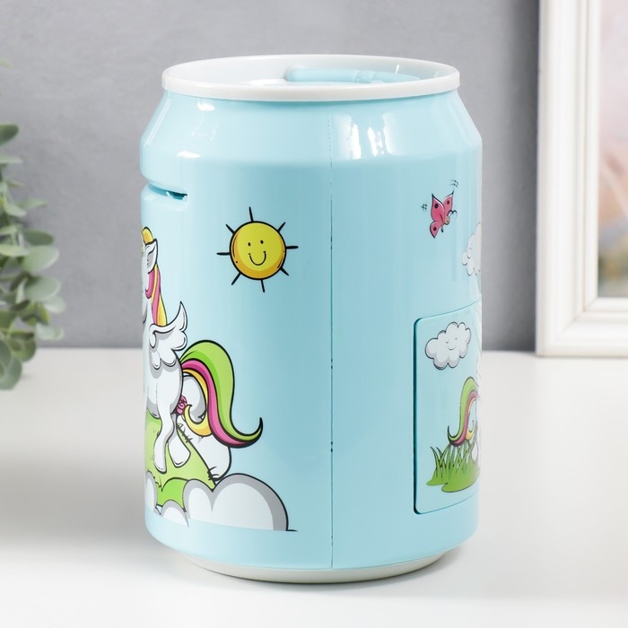 Копилка пластик "Банка. Единорожка" кодовый замок, звук АА голубой 15х21 см