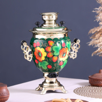 Набор &laquo;Маки на зелёном&raquo;, жёлудь, 3 предмета, самовар 3 л, заварочный чайник 0,7 л, поднос