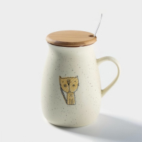 Кружка керамическая с деревянной крышкой и ложкой &laquo;Пэтти&raquo;, 350 мл, рисунок МИКС