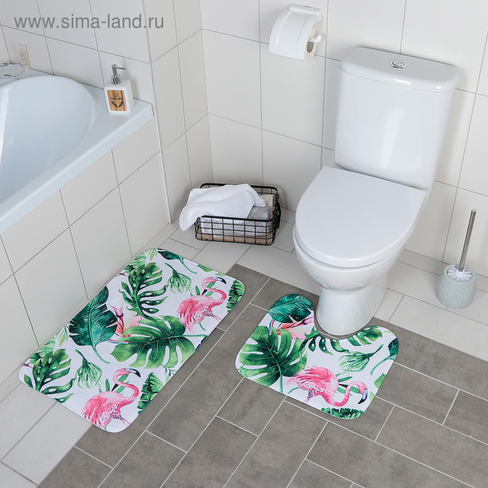 Коврики для ванной и туалета Доляна «Фламинго», 2 шт: 40×43 см, 43×73 см Коврики для ванной и туалета Доляна «Фламинго», 2 шт: 40×43 см, 43×73 см