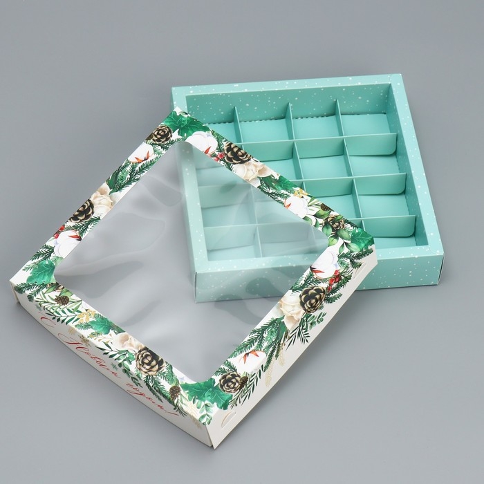 Коробка под 16 конфет &laquo;С Новым годом&raquo;, ботаника, 18.9 х 18.9 х 3.8 см, Новый год