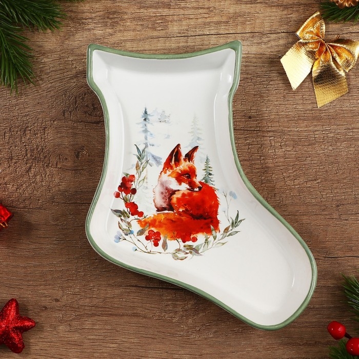 Новый год. Блюдо новогоднее керамическое &laquo;Лисичка&raquo;, 20х15.5х3 см, цвет белый