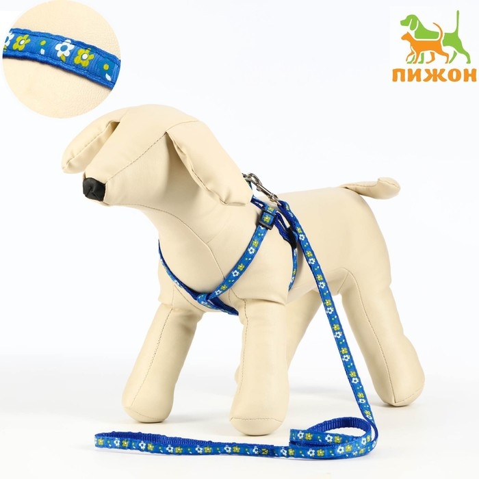 Комплект прошитый Комплект прошитый "Цветы", поводок 120 х 1 см, ОГ 23-35 см, тёмно-синий