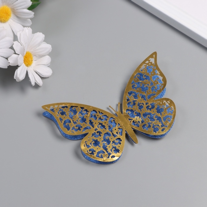 Наклейка бумага, пластик "Цветочные бабочки синие" блёстки набор 12 шт 12 см, 10 см 8 см