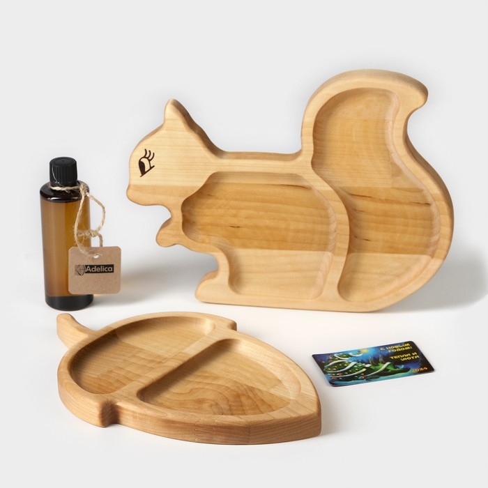 Подарочный набор деревянной посуды Adelica &laquo;Белка с орехом&raquo;, менажницы: белка 25&times;19 см, орех 25&times;16 см, масло 100 мл, магнит в подарок