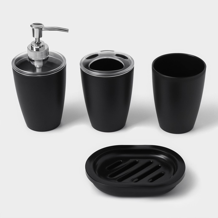 Набор для ванной &laquo;Эталон&raquo;, 4 предмета: дозатор для мыла, мыльница, 2 стакана, 24&times;8&times;17 см, цвет чёрный