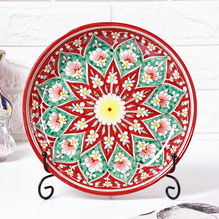 Ляган Риштанская Керамика "Цветы", 25 см, красный