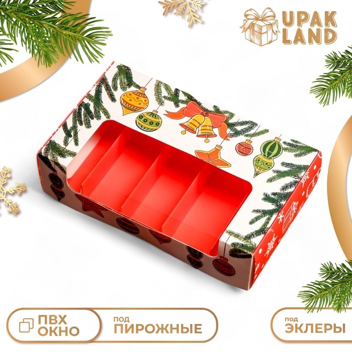 Новый год. Кондитерская упаковка под 5 эклеров Новый год. Кондитерская упаковка под 5 эклеров "Праздничное настроение", 25,2 х 15 х 6,6 см