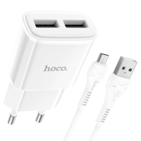 Сетевое зарядное устройство Hoco C88A, 2 USB, 2.4 А, кабель Micro USB - USB, 1 м, белый Сетевое зарядное устройство Hoco C88A, 2 USB, 2.4 А, кабель Micro USB - USB, 1 м, белый