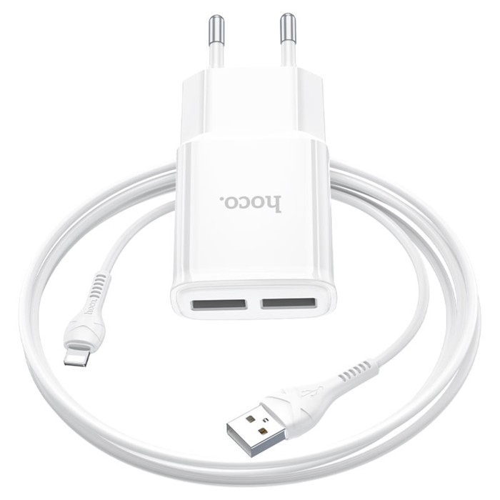 Сетевое зарядное устройство Hoco C88A, 2 USB, 2.4 А, кабель Lightning - USB, 1 м, белый Сетевое зарядное устройство Hoco C88A, 2 USB, 2.4 А, кабель Lightning - USB, 1 м, белый