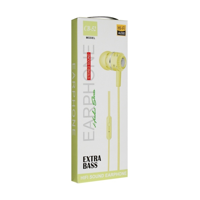 Наушники CB-52, проводные, вакуумные, микрофон, 1 м, Jack 3.5 мм, жёлтые
