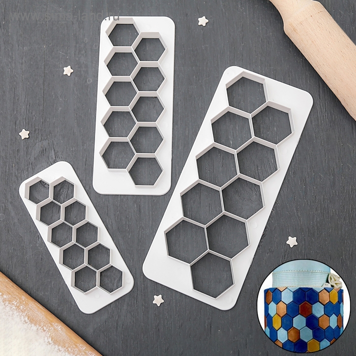 Набор выемок для марципана и теста Доляна &laquo;Фигуры. Соты&raquo;, 3 шт: 19,5&times;8 см, 16&times;6,5 см, 12&times;5 см