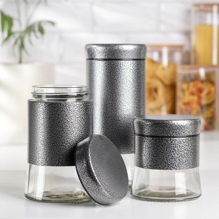 Набор банок стеклянных для сыпучих продуктов «Трио», 3 предмета: 350/500/1000 мл, цвет серебряный Набор банок стеклянных для сыпучих продуктов «Трио», 3 предмета: 350/500/1000 мл, цвет серебряный