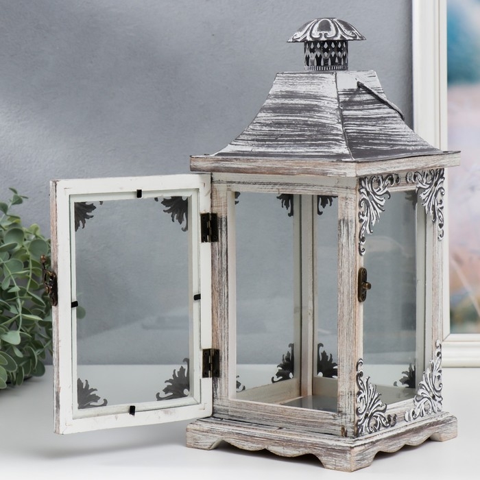 Подсвечник дерево Подсвечник дерево "Фонарь узоры в уголках" состаренный н-р 2 шт 34,5х15,5х15,5 53х25х25 см