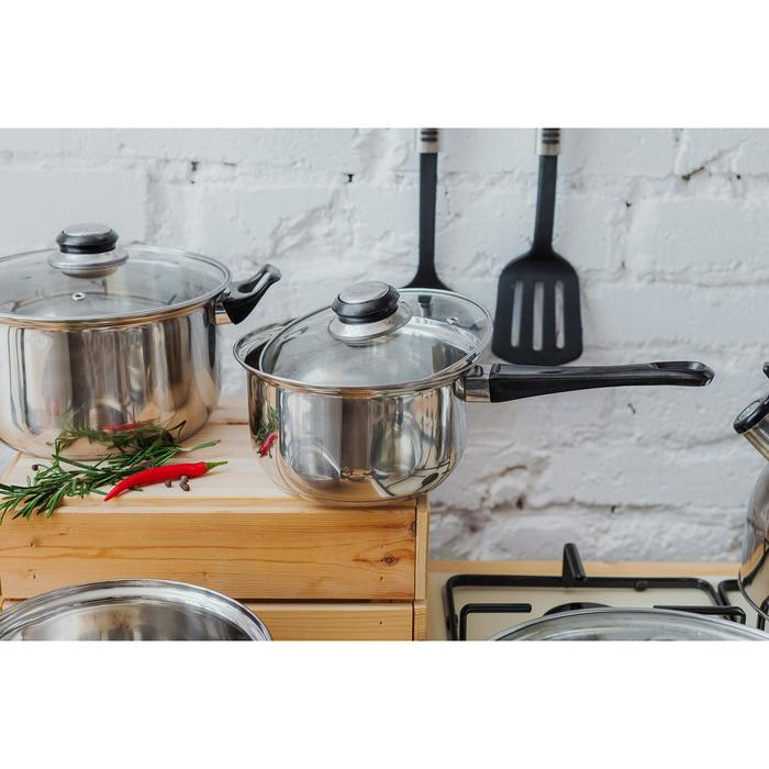 Набор посуды из нержавеющей стали &laquo;Чёрная ночь&raquo;, 8 предметов: ковш 1,5 л, 2 кастрюли 2/3 л, сковорода d=24 см, крышки, стенки 0,3 мм, дно 5 мм