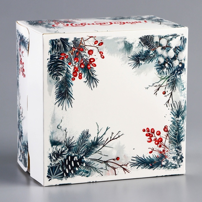 Новый год. Коробка под бенто-торт с окном "С Новым годом!", 15,5 х 15,5 х 10 см