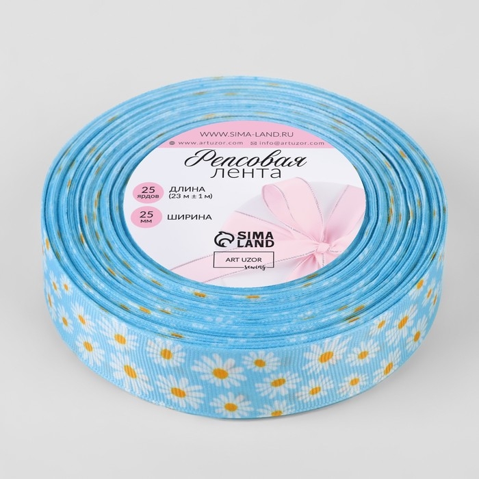 Лента репсовая &laquo;Весёлые ромашки&raquo;, 25 мм, 23 &plusmn; 1 м, цвет голубой