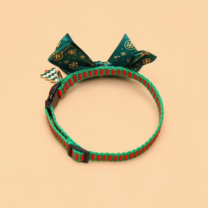 Ошейник + бант с оленями + новогодний подвес "Елка", 30 х 1 см, капрон, зелёный