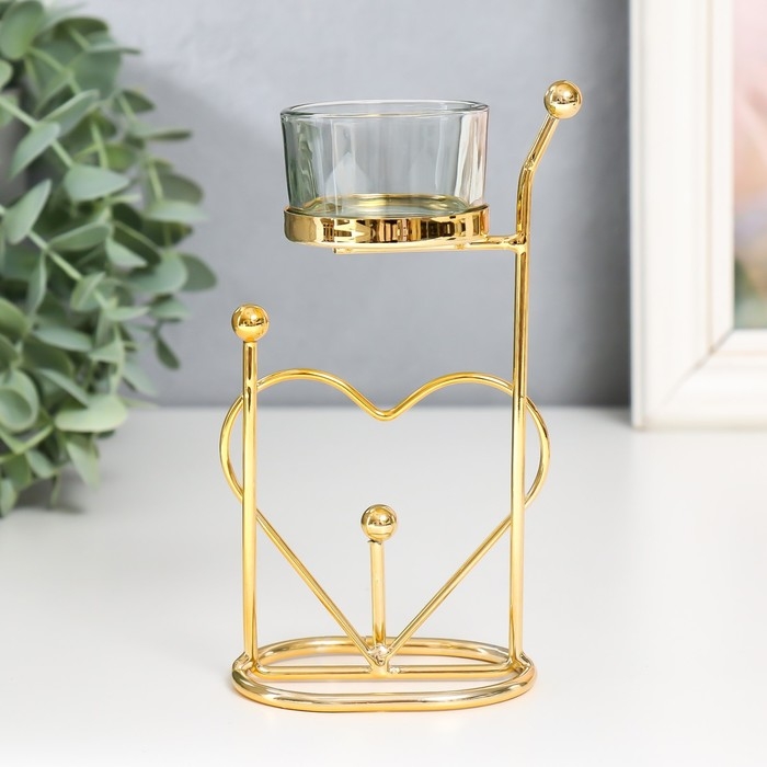 Подсвечник металл, стекло на 1 свечу "Сердце. Шарики" d-4,5 см золото 9х4,5х17 см