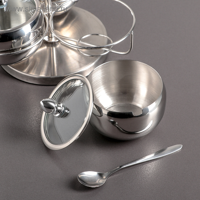 Набор сахарниц из нержавеющей стали, 340 мл, 19&times;14 см, на крутящейся подставке с ложками, 3 шт
