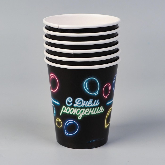 Набор бумажной посуды одноразовый С днём рождения&raquo;, неон, 6 тарелок, 6 стаканов, 1 гирлянда