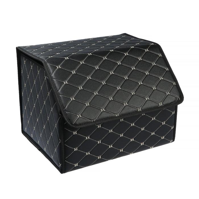 Органайзер саквояж в багажник автомобиля, 40&times;32&times;30 см, экокожа, черный с белой строчкой