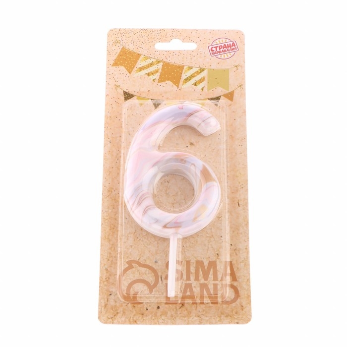 Свеча в торт Свеча в торт "Белый мрамор", цифра "6", ГИГАНТ, 9 см