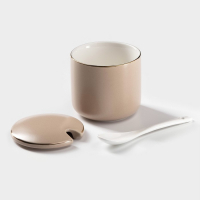 Банки для хранения сыпучих продуктов с ложками на подставке &laquo;Пастель&raquo;, 3 предмета: 250 мл, 8&times;8 см, керамические, цвет бежевый