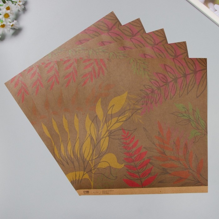 Бумага для скрапбукинга двусторонняя "Цветы и листья крафт" плотность 180 гр набор 5 шт 30,5х32 см