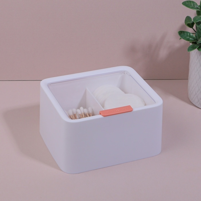 Органайзер для ватных палочек и дисков, с крышкой, 2 секции, 14,5 × 13 × 8 см, цвет белый/прозрачный Органайзер для ватных палочек и дисков, с крышкой, 2 секции, 14,5 × 13 × 8 см, цвет белый/прозрачный