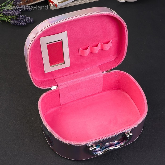 Шкатулка кожзам для косметики "Единорог в цветах" перламутр 11х18х25,5 см